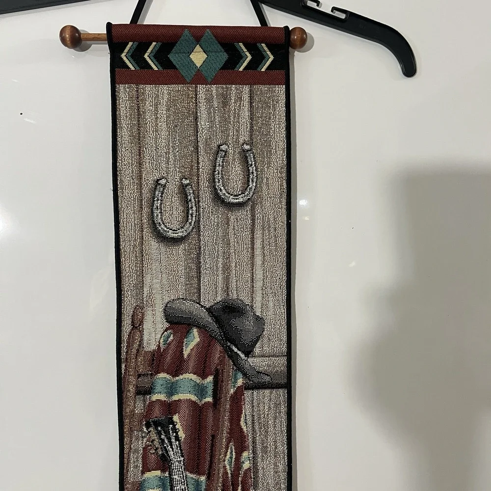 Wall Tapestry Cowboy hat, guitar‎ boots & dog Sign Western Rustic